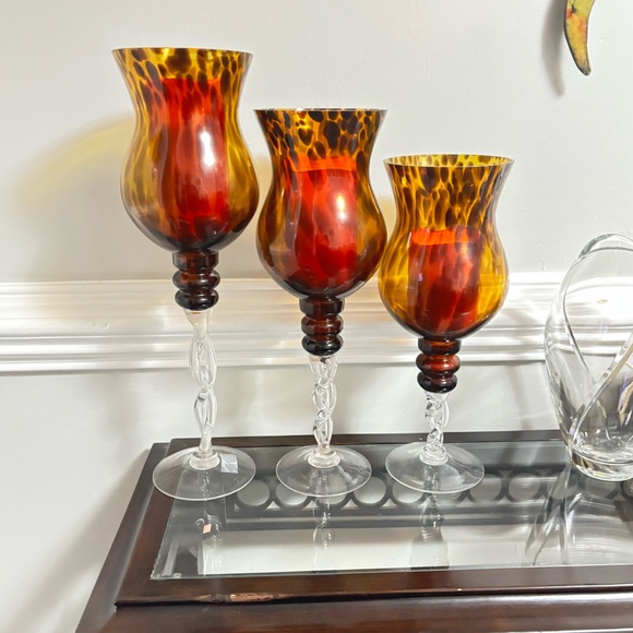 Vintage Twisted Amber Glass Pedestal Candle Holders Set of 3 - Picture 3 of 8